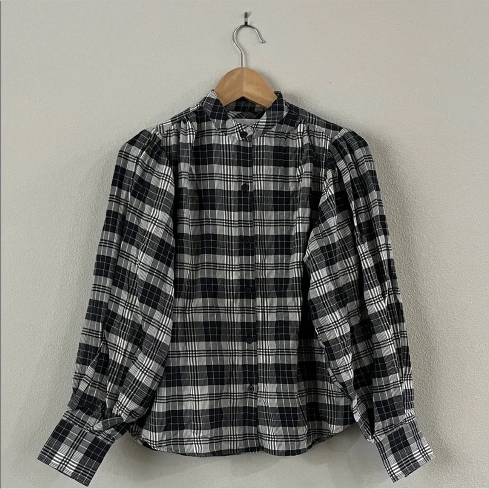 Unsubscribed $280 Plaid Puff Long Sleeves Blouse L NWOT Black White Boho
